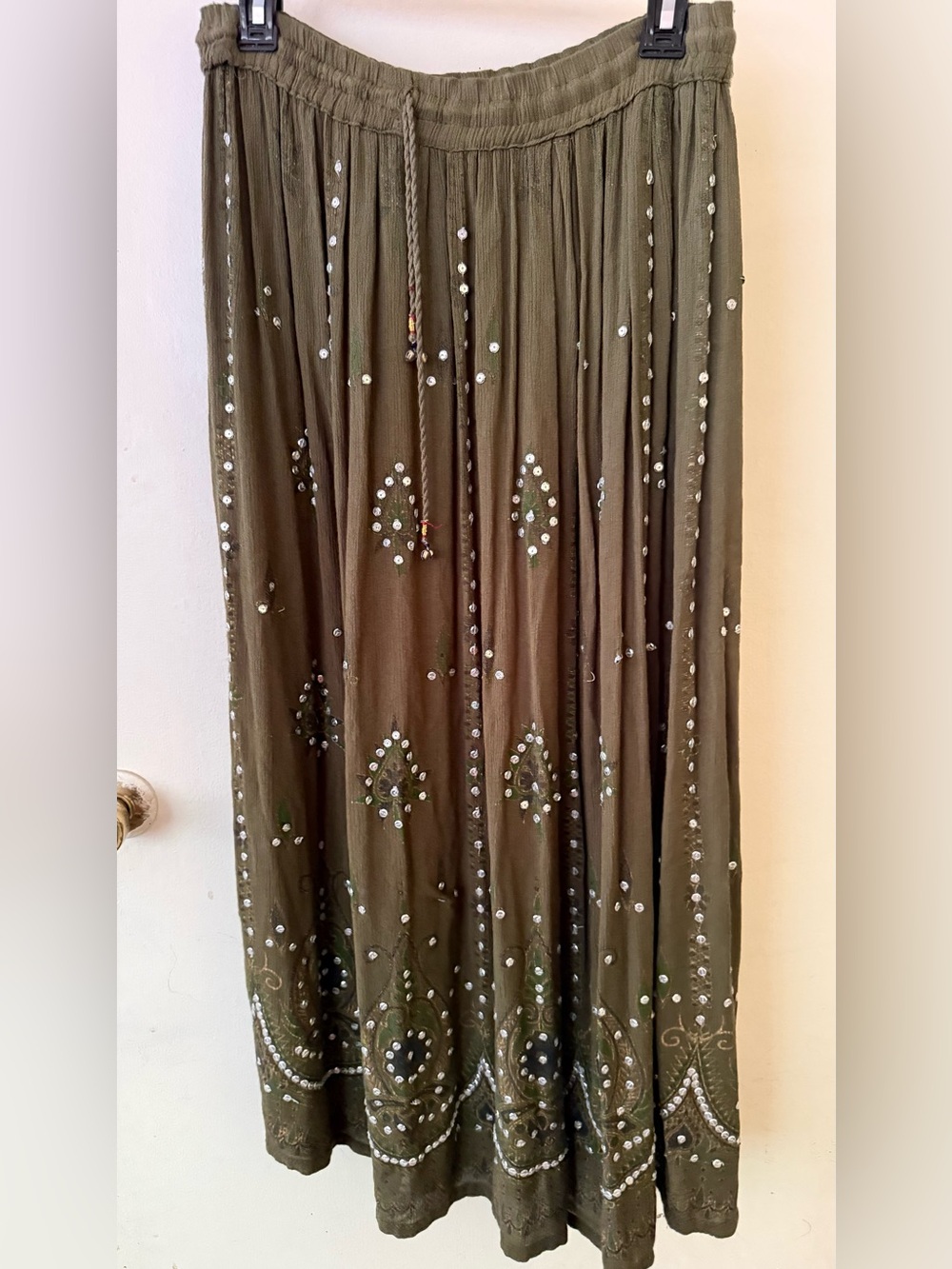 Embellished Boho Olive Green Maxi Skirt with Bells